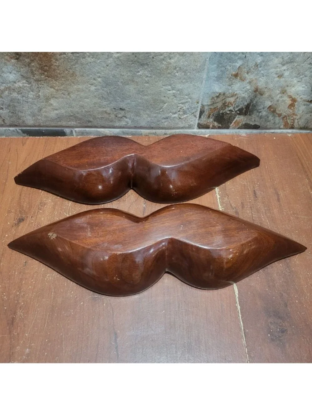 Vintage MCM Monkey Pod Wood 2 Compartment Divided Serving Dish Tray Set of 2